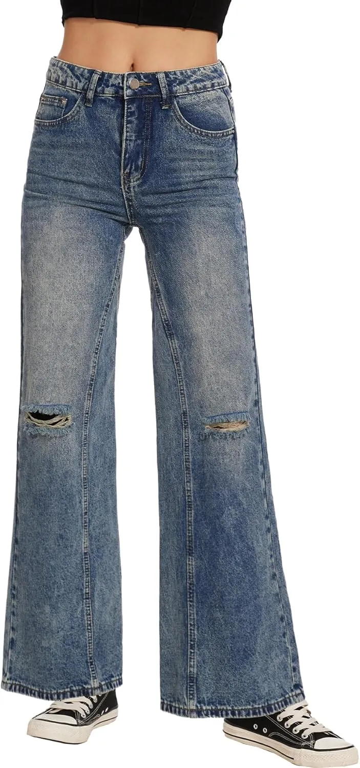 Beautiful Nomad Women's Petite Ripped Jeans Casual Wide Leg Baggy Distressed Denim Pants