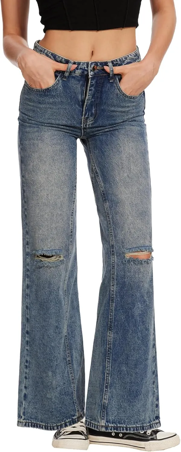 Beautiful Nomad Women's Petite Ripped Jeans Casual Wide Leg Baggy Distressed Denim Pants