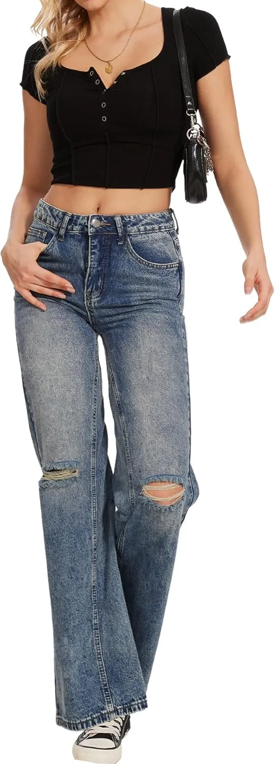 Beautiful Nomad Women's Petite Ripped Jeans Casual Wide Leg Baggy Distressed Denim Pants