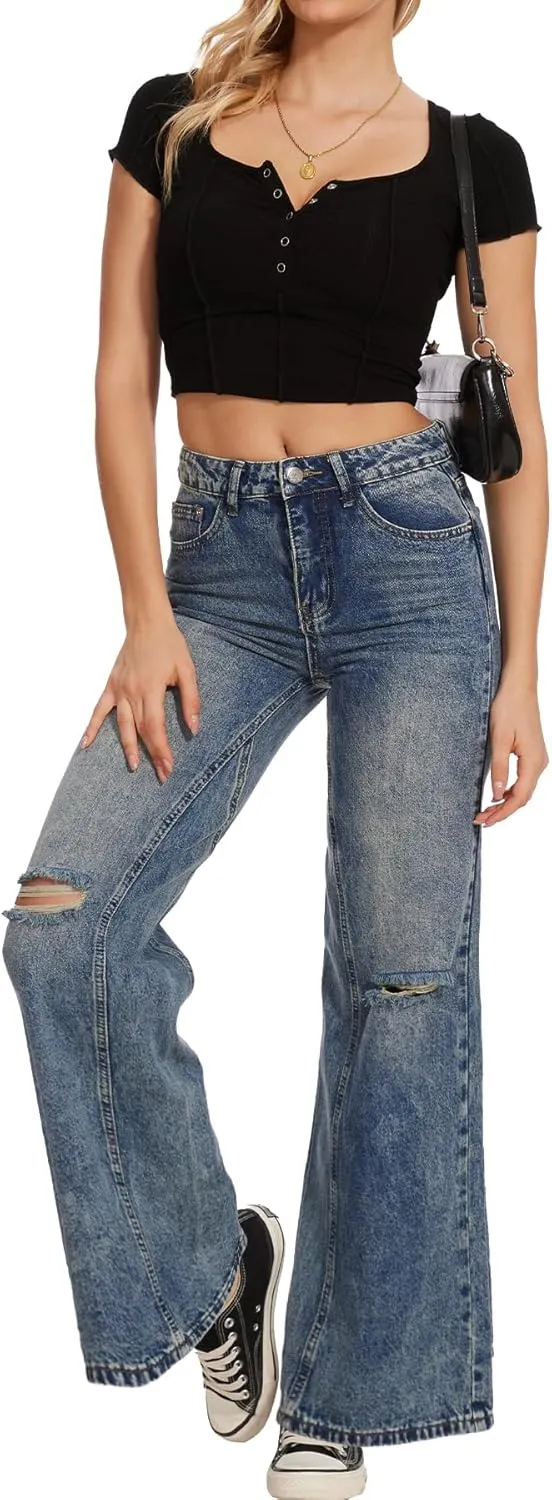 Beautiful Nomad Women's Petite Ripped Jeans Casual Wide Leg Baggy Distressed Denim Pants