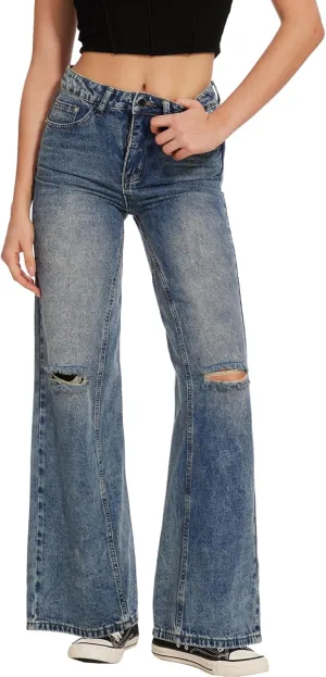 Beautiful Nomad Women's Petite Ripped Jeans Casual Wide Leg Baggy Distressed Denim Pants