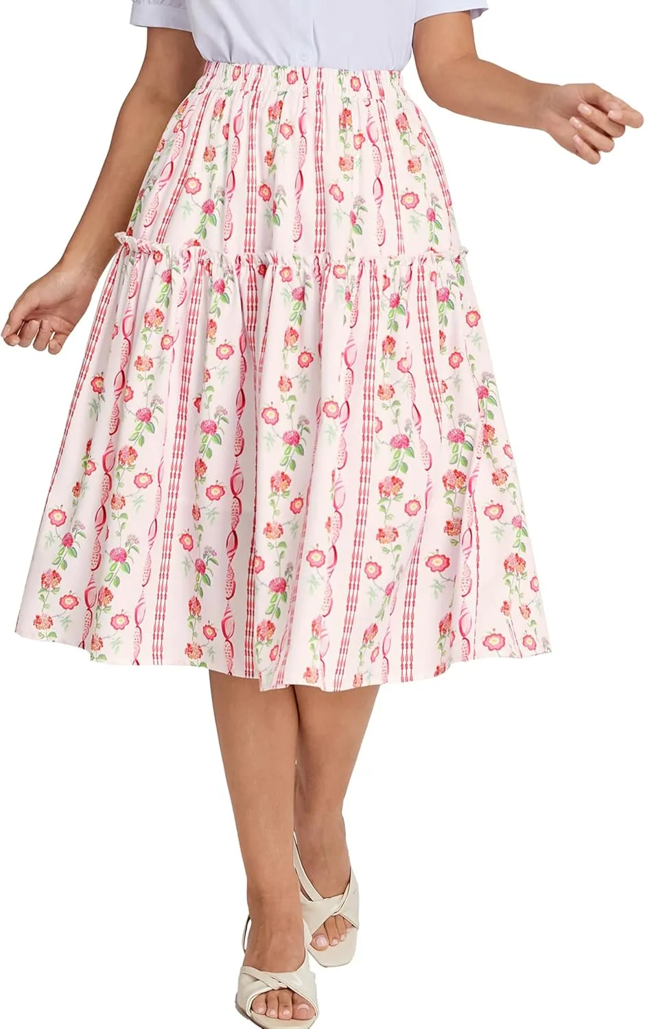 Belle Poque Women Floral Skirt High Waisted Midi Skirt Flowy Skirt with Pockets