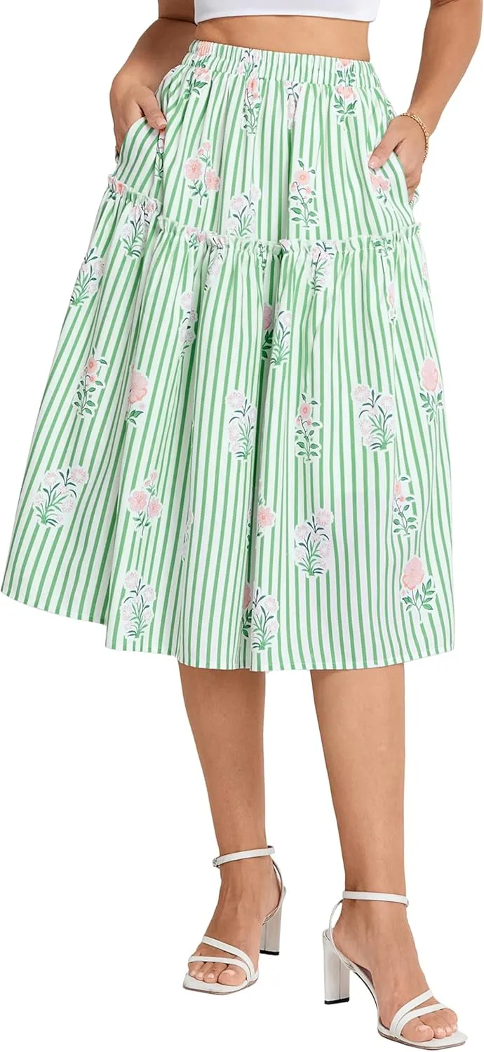 Belle Poque Women Floral Skirt High Waisted Midi Skirt Flowy Skirt with Pockets