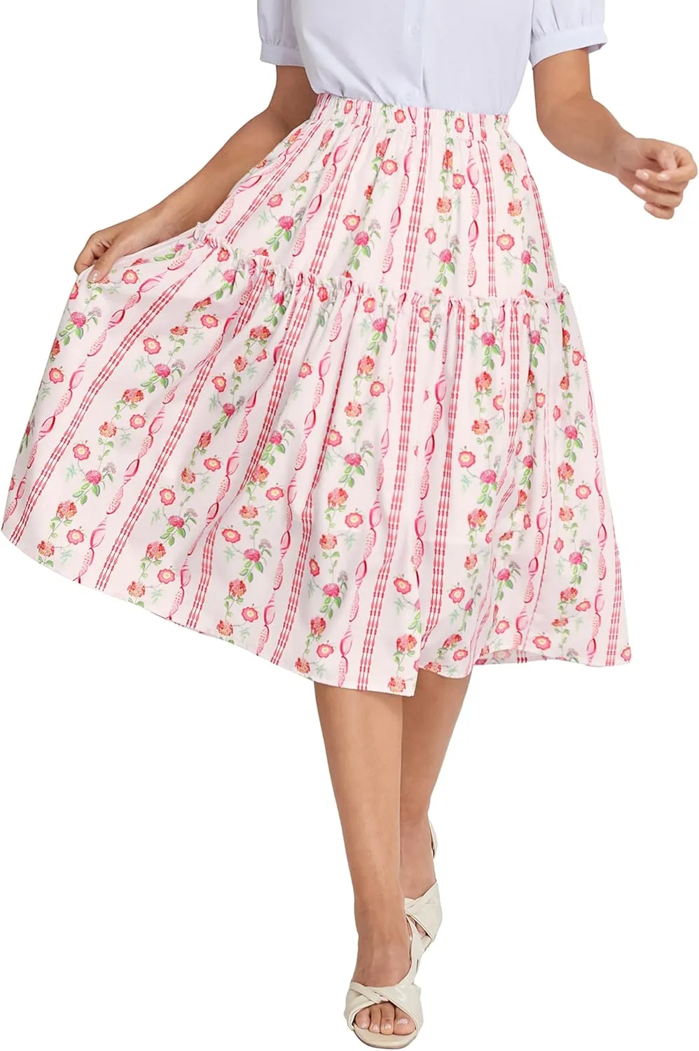 Belle Poque Women Floral Skirt High Waisted Midi Skirt Flowy Skirt with Pockets