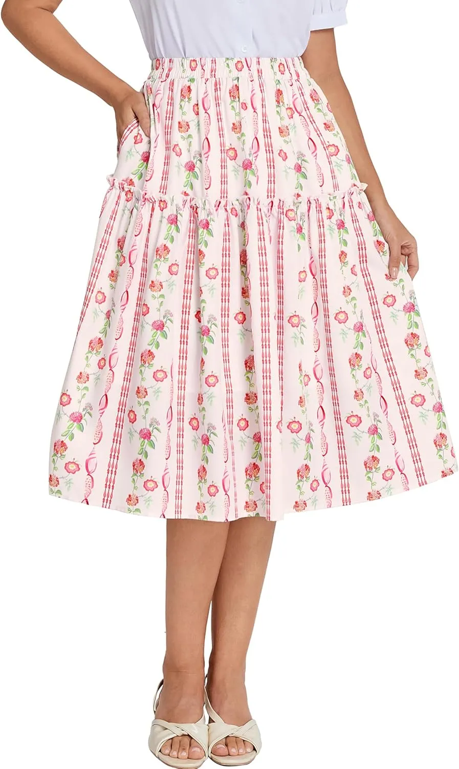 Belle Poque Women Floral Skirt High Waisted Midi Skirt Flowy Skirt with Pockets