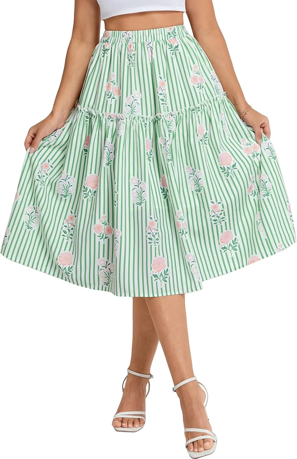 Belle Poque Women Floral Skirt High Waisted Midi Skirt Flowy Skirt with Pockets