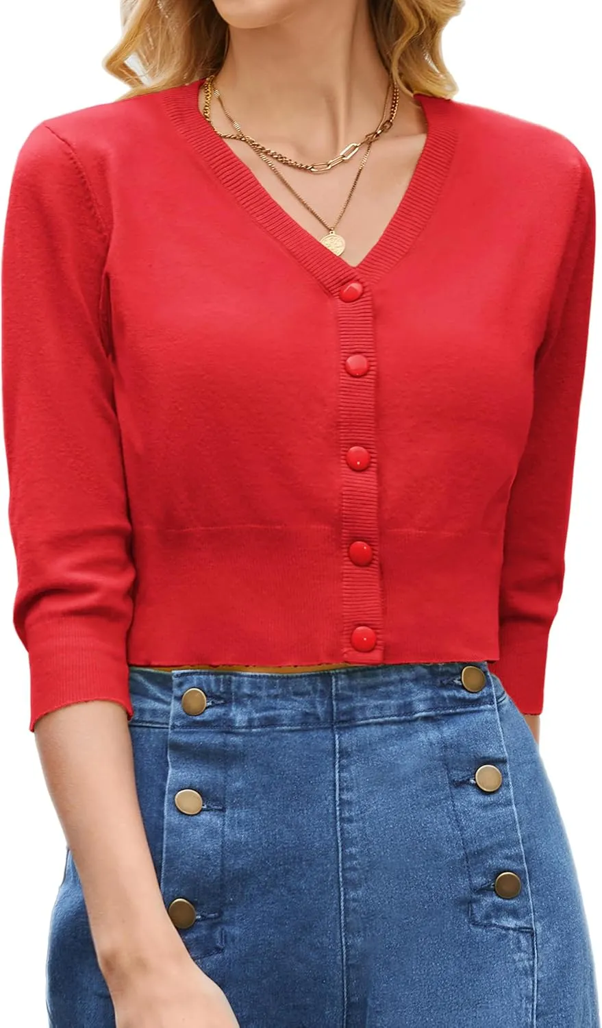 Belle Poque Women's 3/4 Sleeve Cropped Cardigan Shrugs Button Down Sweater