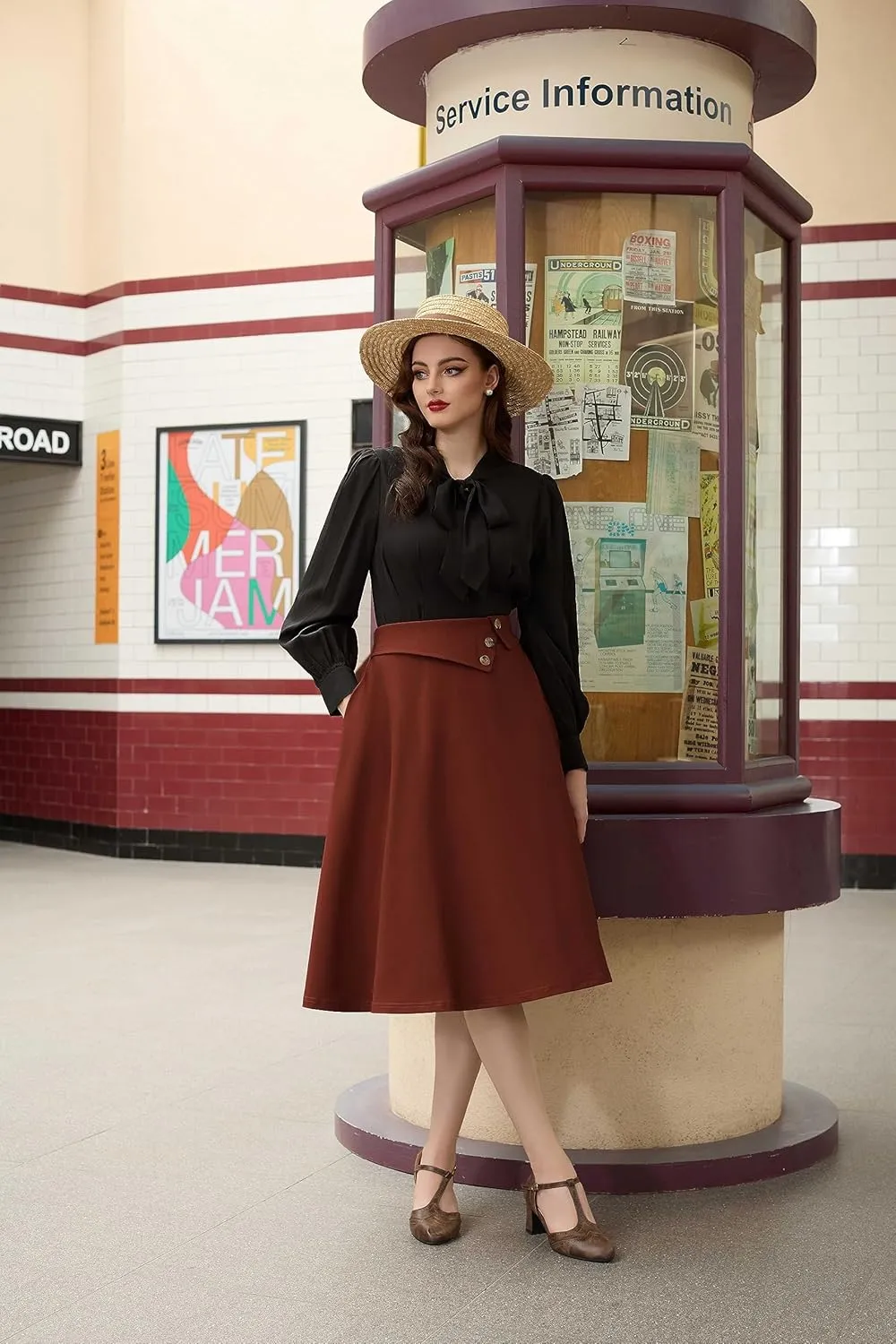 Belle Poque Womens High Waisted Skirts with Pockets Swing A Line Vintage Midi Skirt