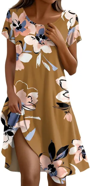 Boho Dresses for Women Casual Summer Short Sleeve Midi Dress Plus Size Baggy Flowy Swing Beach Vacation Sundress