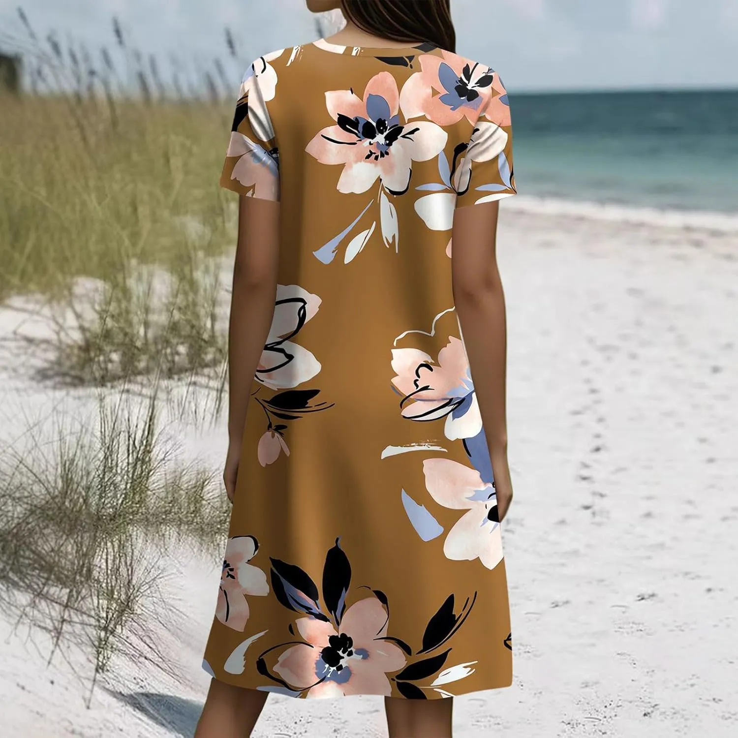 Boho Dresses for Women Casual Summer Short Sleeve Midi Dress Plus Size Baggy Flowy Swing Beach Vacation Sundress