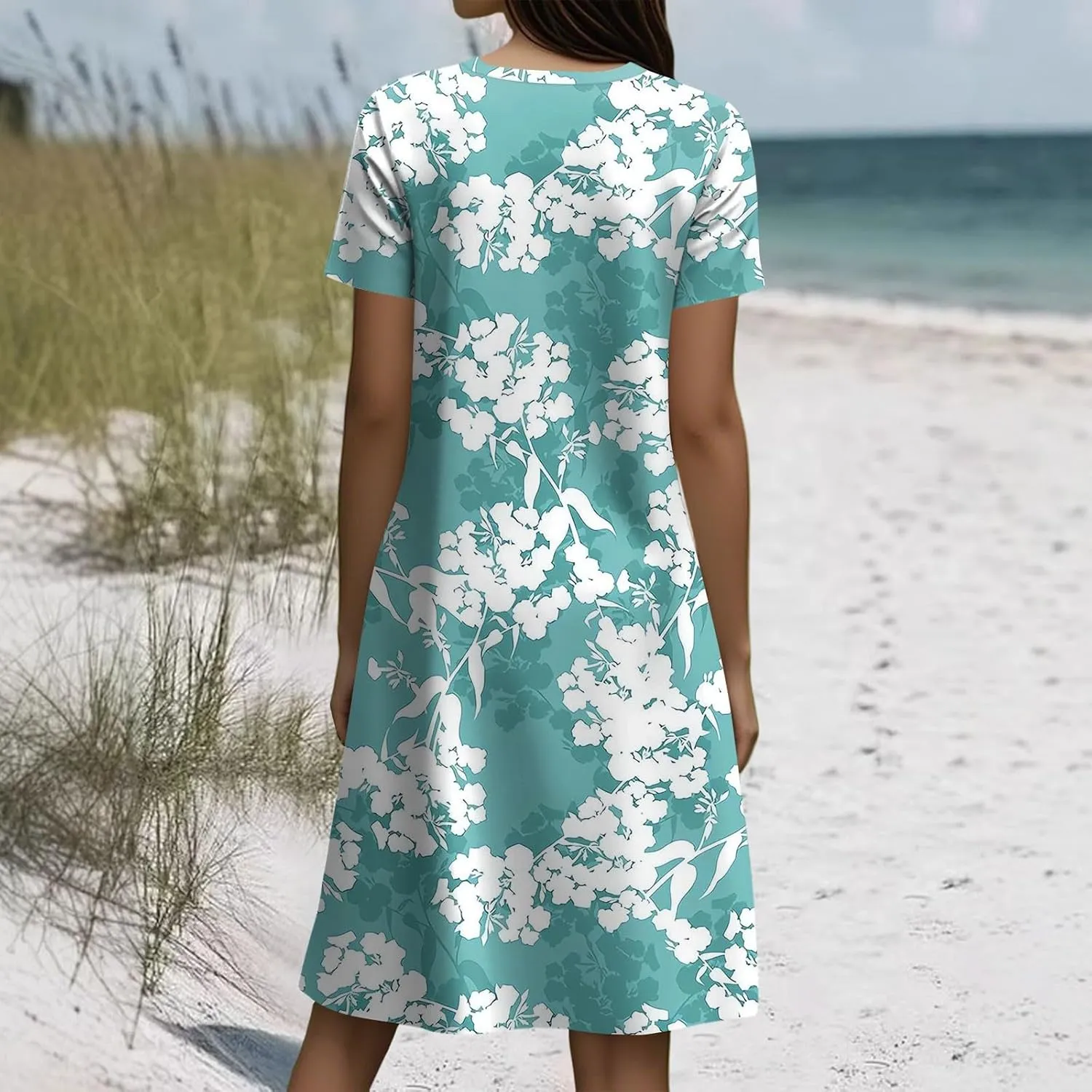 Boho Dresses for Women Casual Summer Short Sleeve Midi Dress Plus Size Baggy Flowy Swing Beach Vacation Sundress