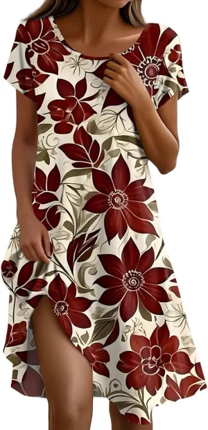 Boho Dresses for Women Casual Summer Short Sleeve Midi Dress Plus Size Baggy Flowy Swing Beach Vacation Sundress