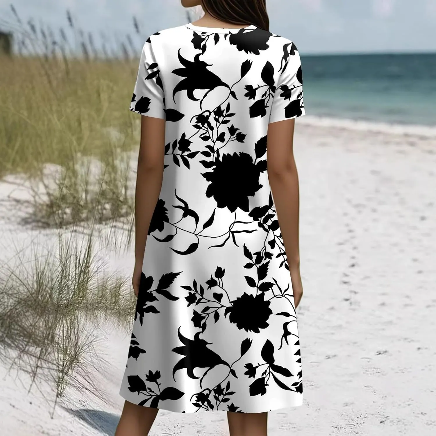 Boho Dresses for Women Casual Summer Short Sleeve Midi Dress Plus Size Baggy Flowy Swing Beach Vacation Sundress