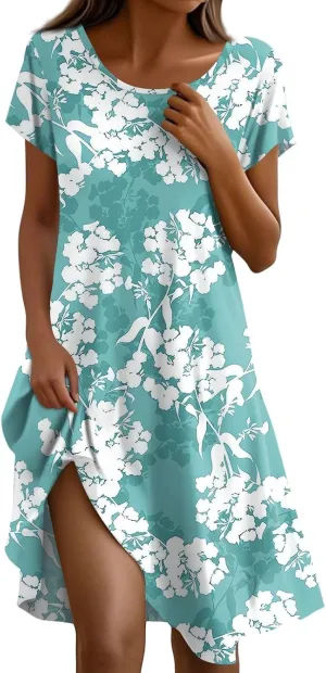 Boho Dresses for Women Casual Summer Short Sleeve Midi Dress Plus Size Baggy Flowy Swing Beach Vacation Sundress
