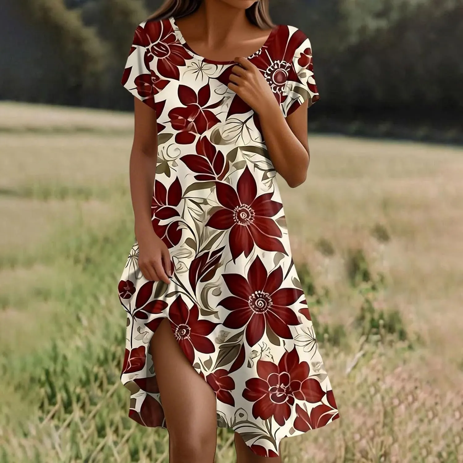 Boho Dresses for Women Casual Summer Short Sleeve Midi Dress Plus Size Baggy Flowy Swing Beach Vacation Sundress