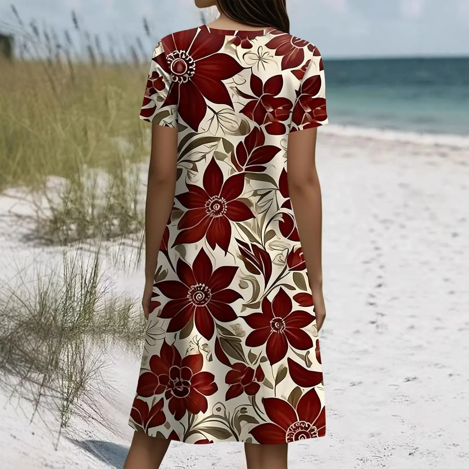 Boho Dresses for Women Casual Summer Short Sleeve Midi Dress Plus Size Baggy Flowy Swing Beach Vacation Sundress