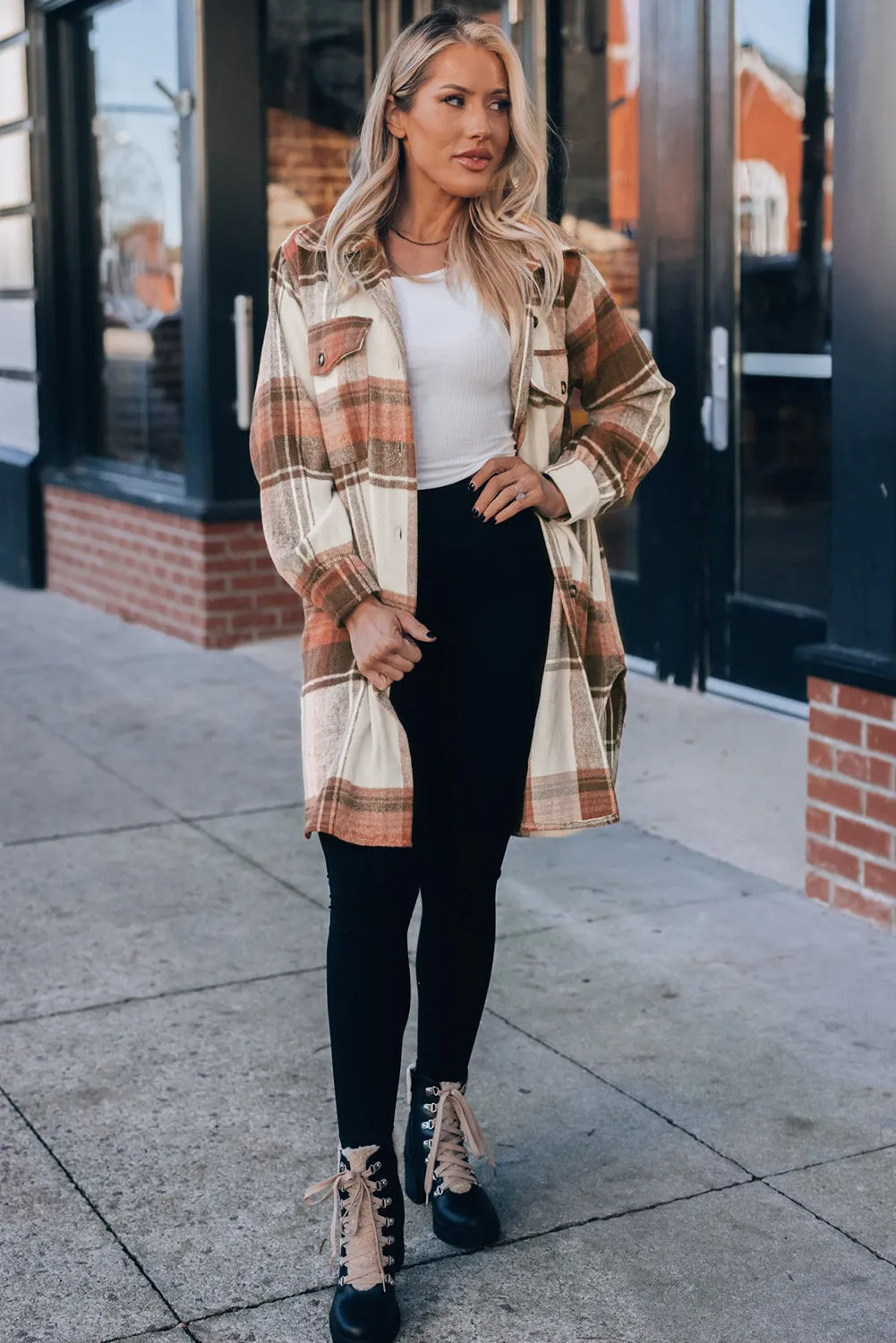 Brown and Cream Plaid Shirt Jacket