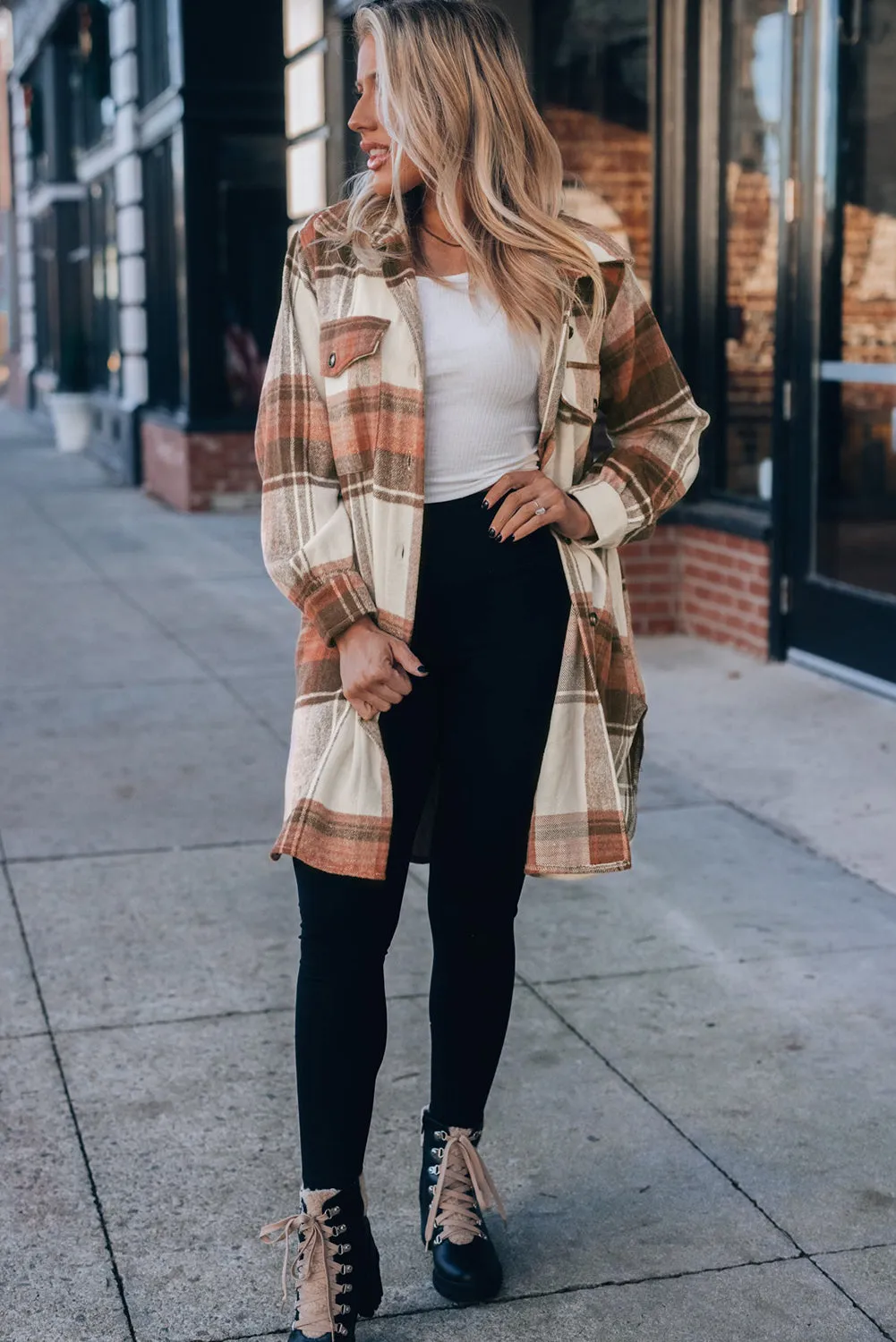 Brown and Cream Plaid Shirt Jacket