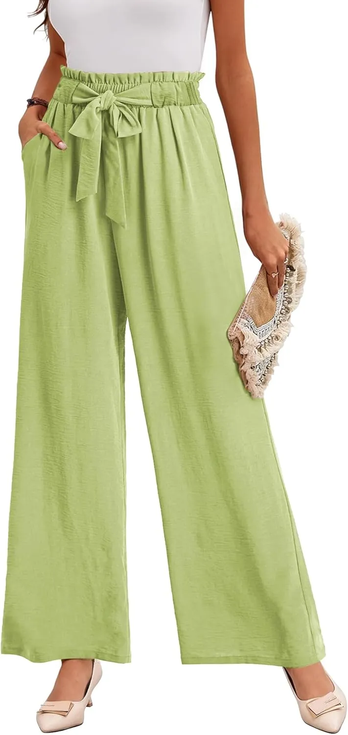 Buauty Wide Leg Palazzo Pants Woman with Pockets High Waist Pant Adjustable Knot Loose Trousers Business Casual Work Pants Green