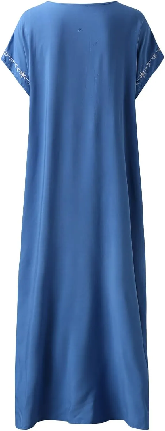 Caftan Dresses for Women Embroidery Short Sleeve Beach Cover Up V Neck Maxi Kaftan Dress