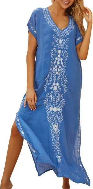 Caftan Dresses for Women Embroidery Short Sleeve Beach Cover Up V Neck Maxi Kaftan Dress