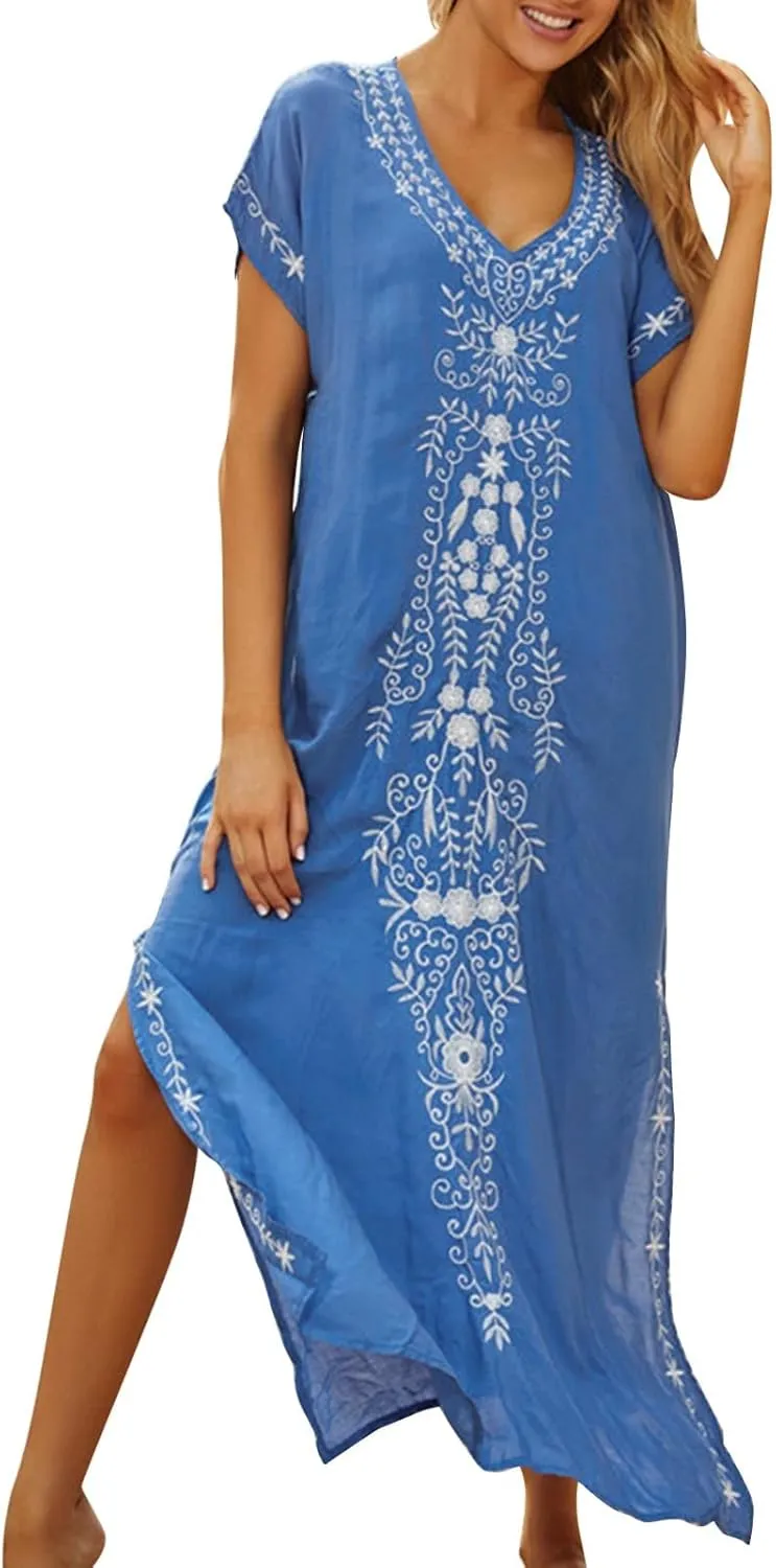Caftan Dresses for Women Embroidery Short Sleeve Beach Cover Up V Neck Maxi Kaftan Dress