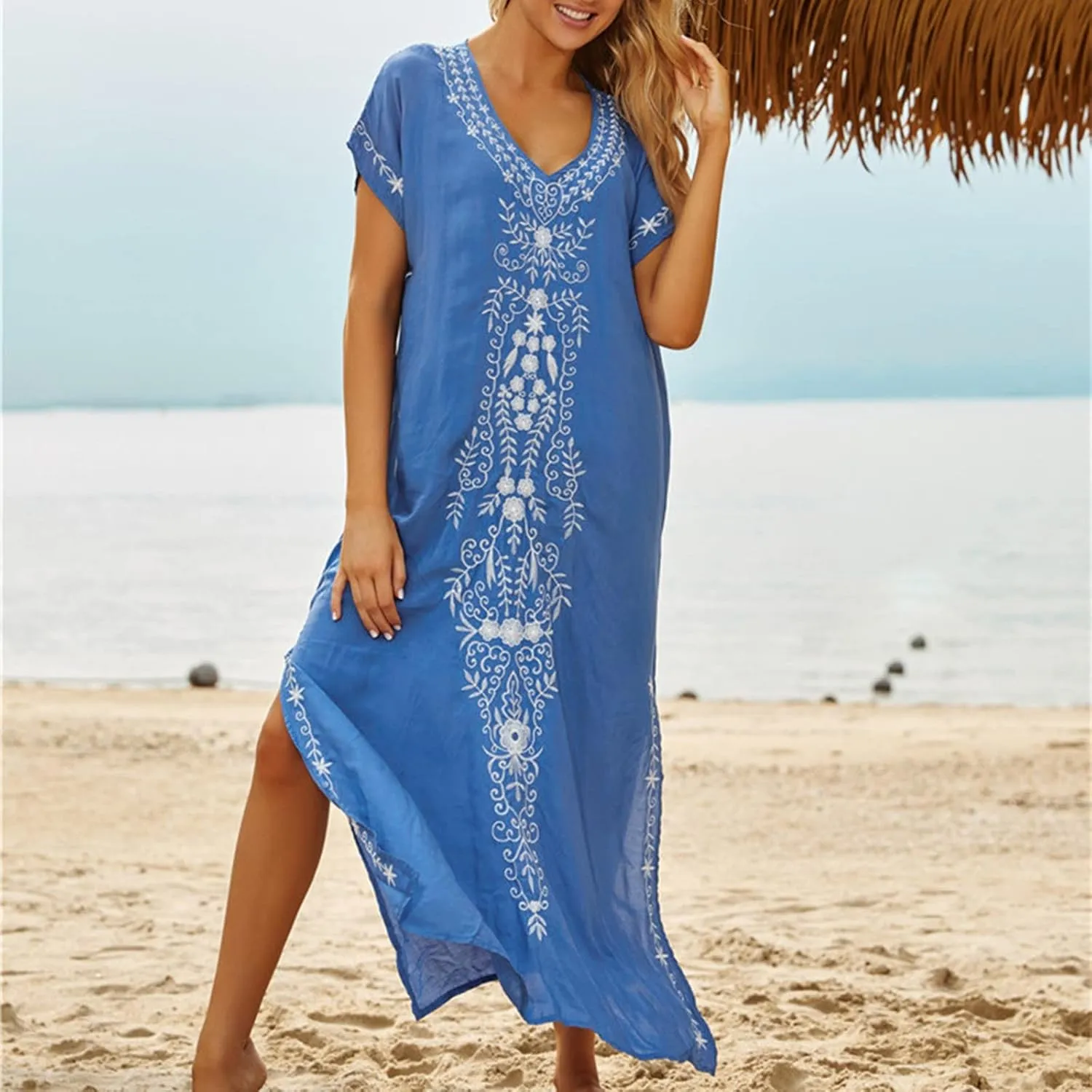 Caftan Dresses for Women Embroidery Short Sleeve Beach Cover Up V Neck Maxi Kaftan Dress