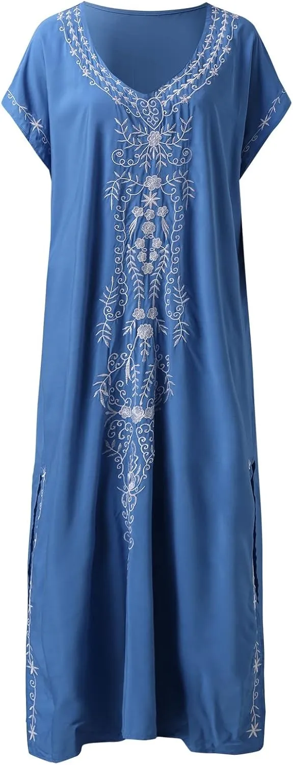 Caftan Dresses for Women Embroidery Short Sleeve Beach Cover Up V Neck Maxi Kaftan Dress