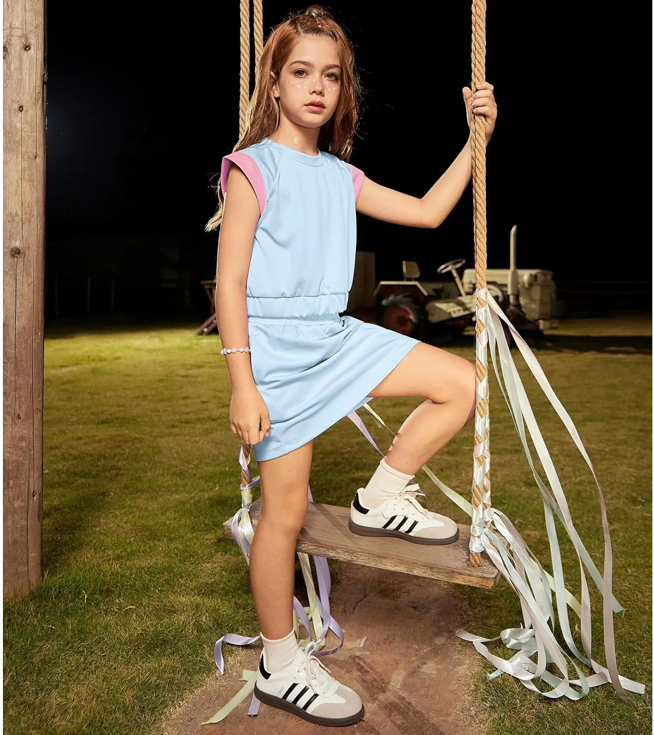 CHILDRENSTAR Girls Tracksuit Summer Crewneck Crop Tops and Skirts Pocketed Kids Activewear Skort Sets