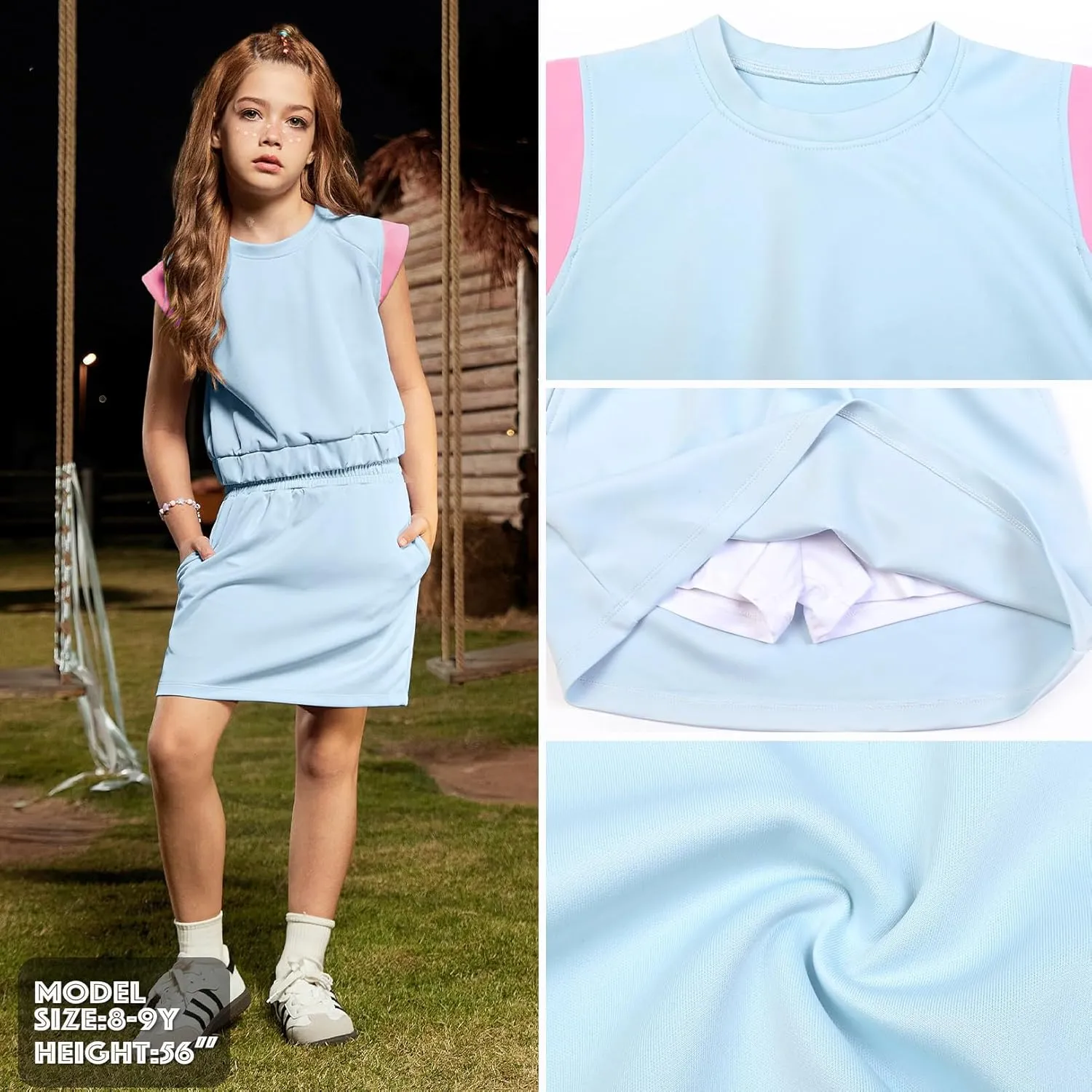 CHILDRENSTAR Girls Tracksuit Summer Crewneck Crop Tops and Skirts Pocketed Kids Activewear Skort Sets