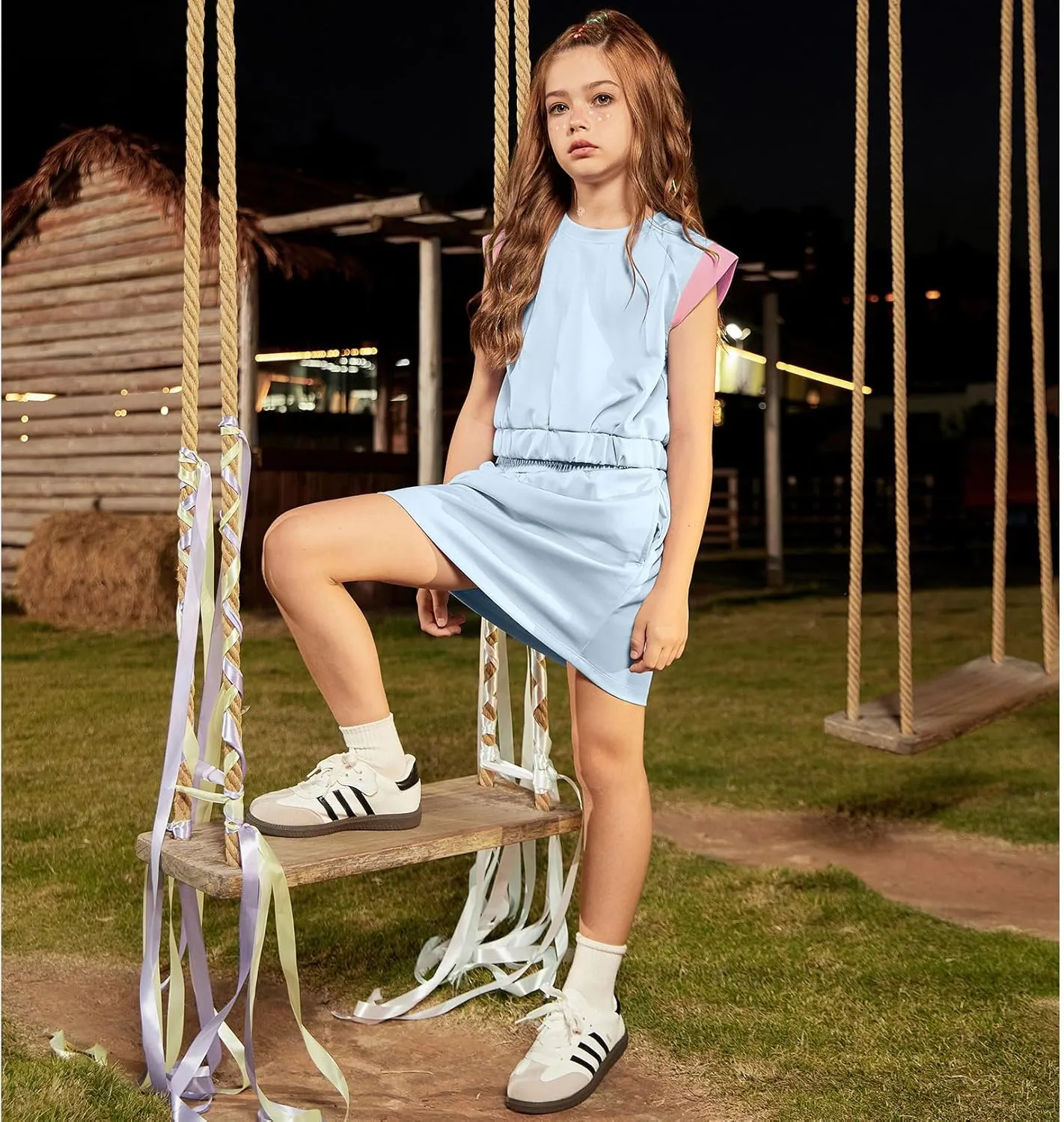 CHILDRENSTAR Girls Tracksuit Summer Crewneck Crop Tops and Skirts Pocketed Kids Activewear Skort Sets