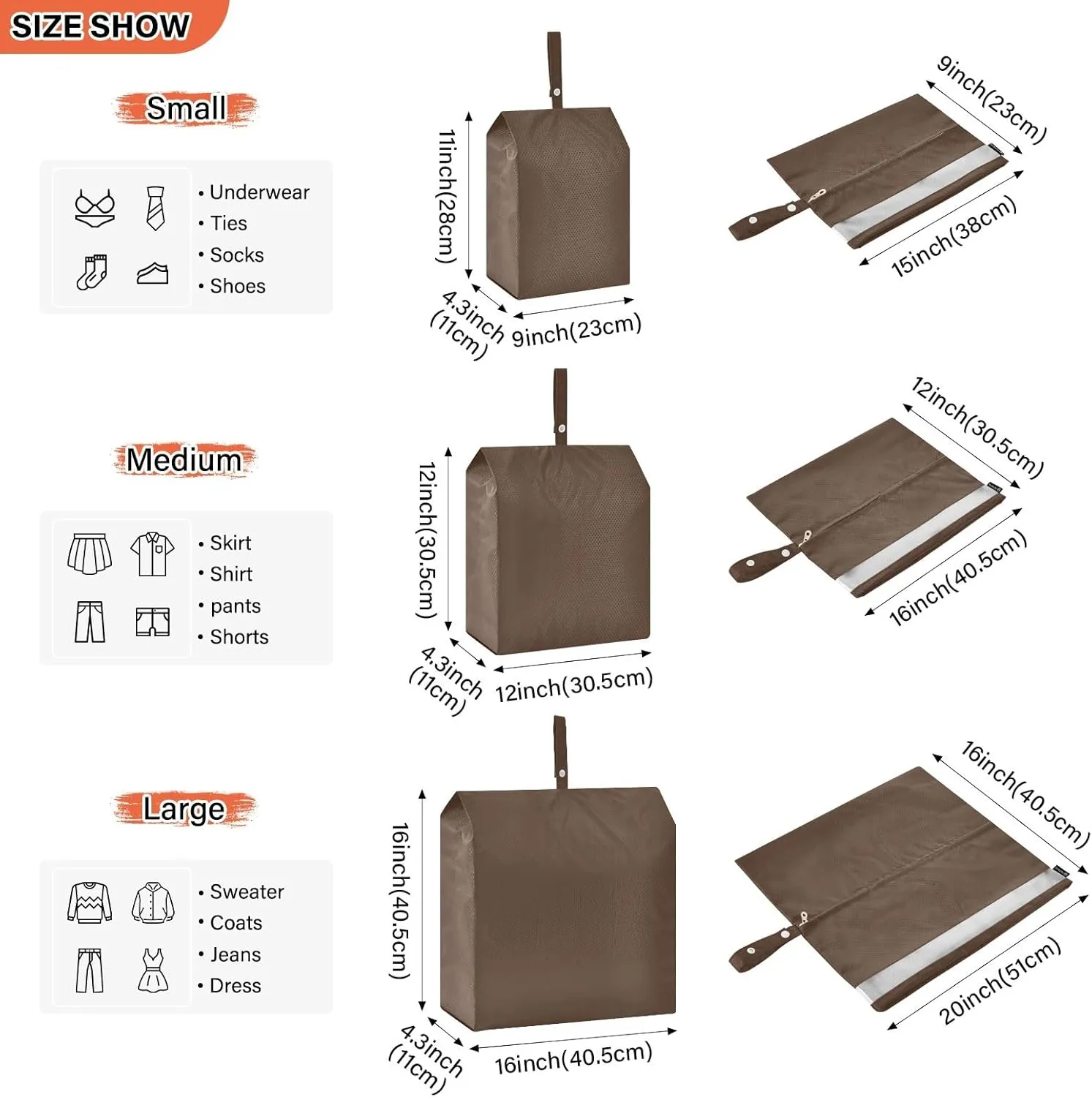 Chocolate Brown Travel Packing Organizers Foldable Suitcase Organizer Bags Set Travel Storage Bags for Luggage