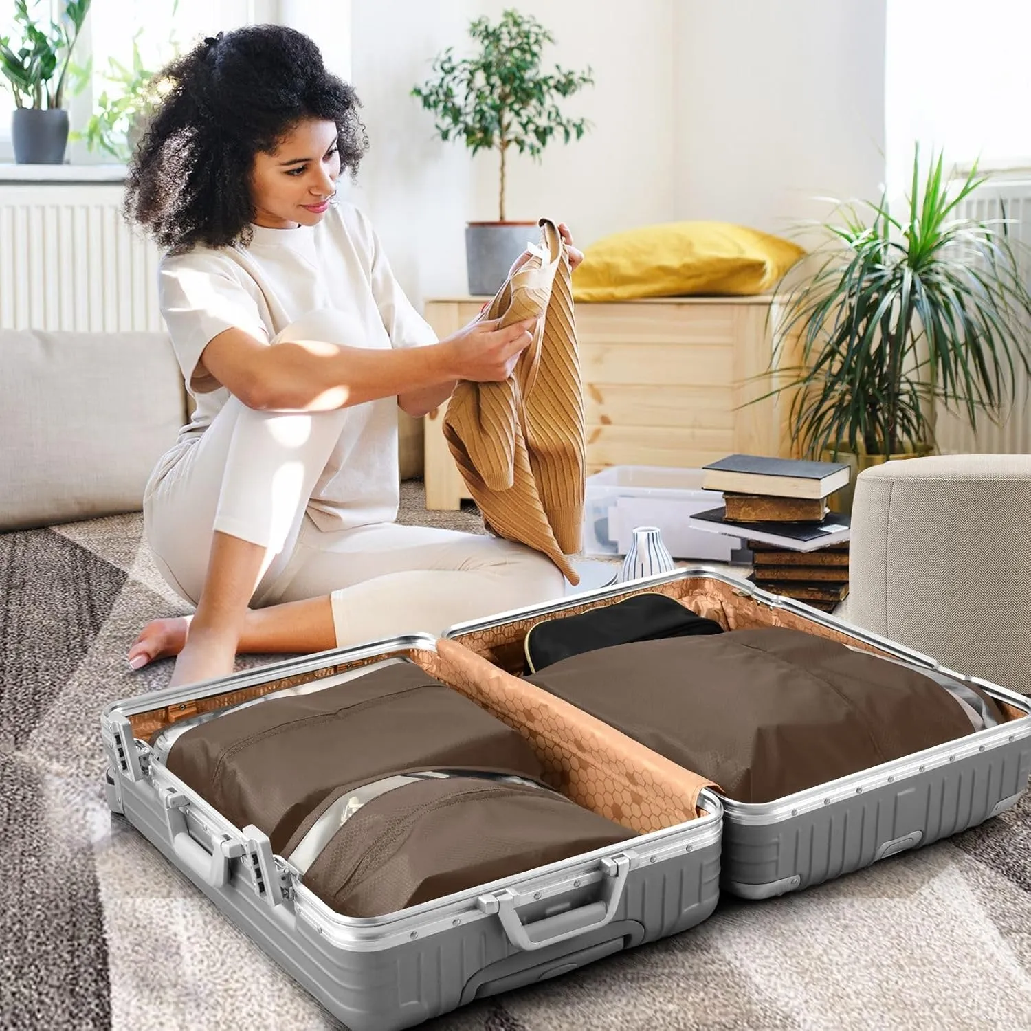 Chocolate Brown Travel Packing Organizers Foldable Suitcase Organizer Bags Set Travel Storage Bags for Luggage