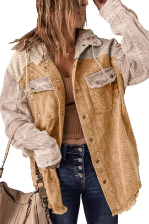 chouyatou Women's Casual Corduroy Open Front Hooded Color Block Shirts Shackets Jacket