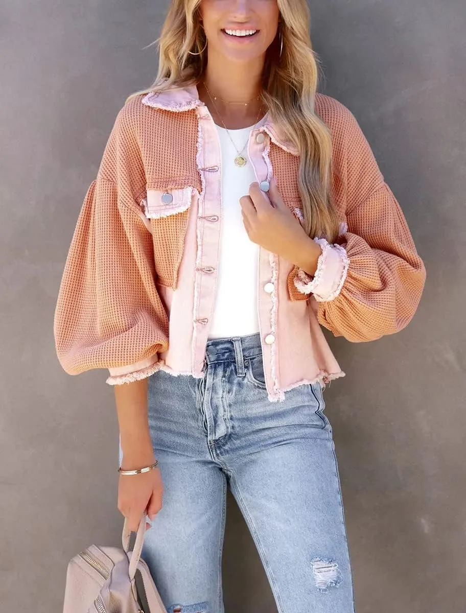 chouyatou Women's Cropped Waffle Knit Jacket Boyfriend Button Down Shirt Shacket Tops
