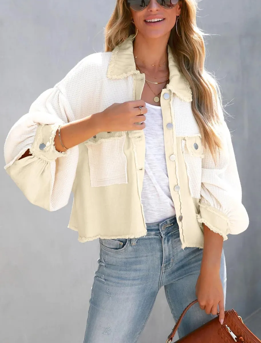chouyatou Women's Cropped Waffle Knit Jacket Boyfriend Button Down Shirt Shacket Tops