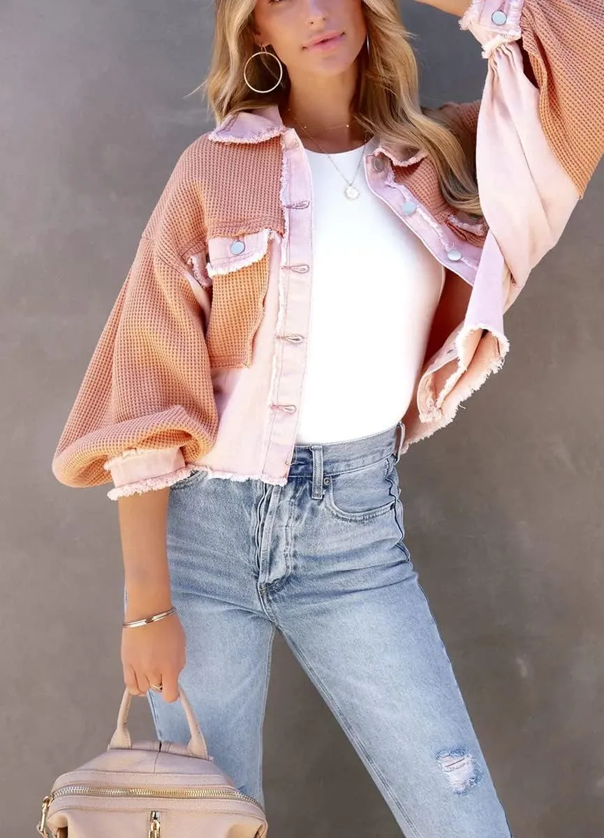 chouyatou Women's Cropped Waffle Knit Jacket Boyfriend Button Down Shirt Shacket Tops