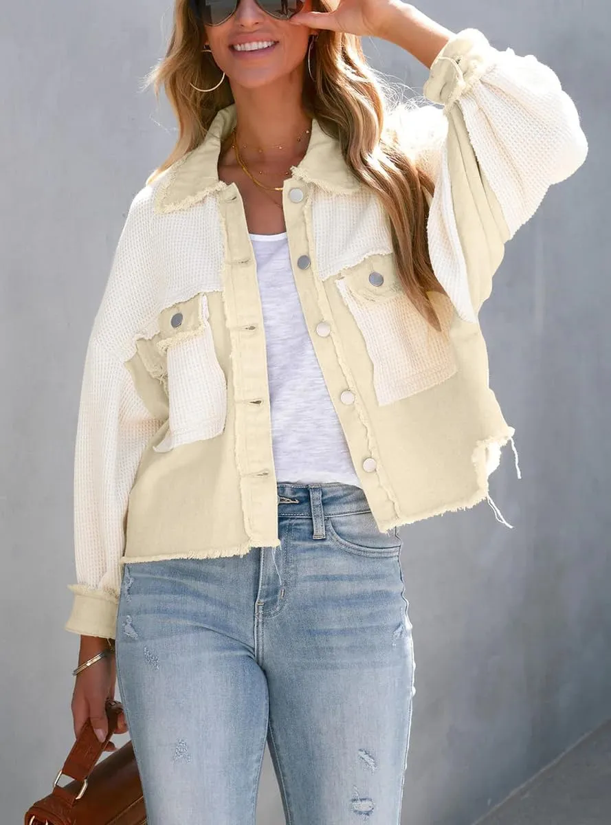 chouyatou Women's Cropped Waffle Knit Jacket Boyfriend Button Down Shirt Shacket Tops