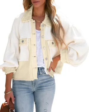 chouyatou Women's Cropped Waffle Knit Jacket Boyfriend Button Down Shirt Shacket Tops