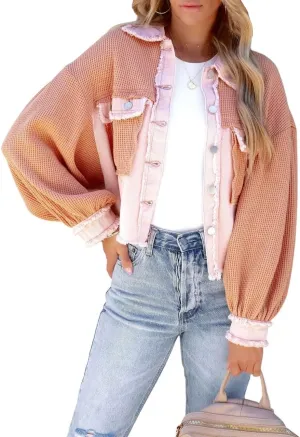 chouyatou Women's Cropped Waffle Knit Jacket Boyfriend Button Down Shirt Shacket Tops