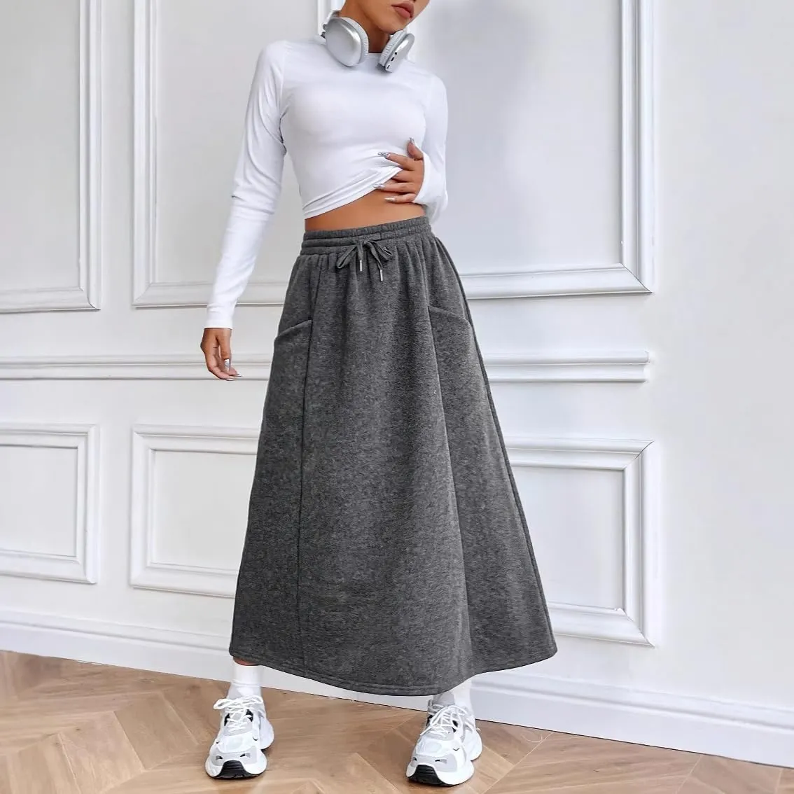 chouyatou Women's Elastic Drawstring High Waist Skirt Pleated A Line Midi Flared Skirt with Pockets