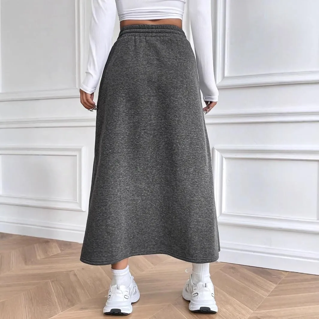 chouyatou Women's Elastic Drawstring High Waist Skirt Pleated A Line Midi Flared Skirt with Pockets
