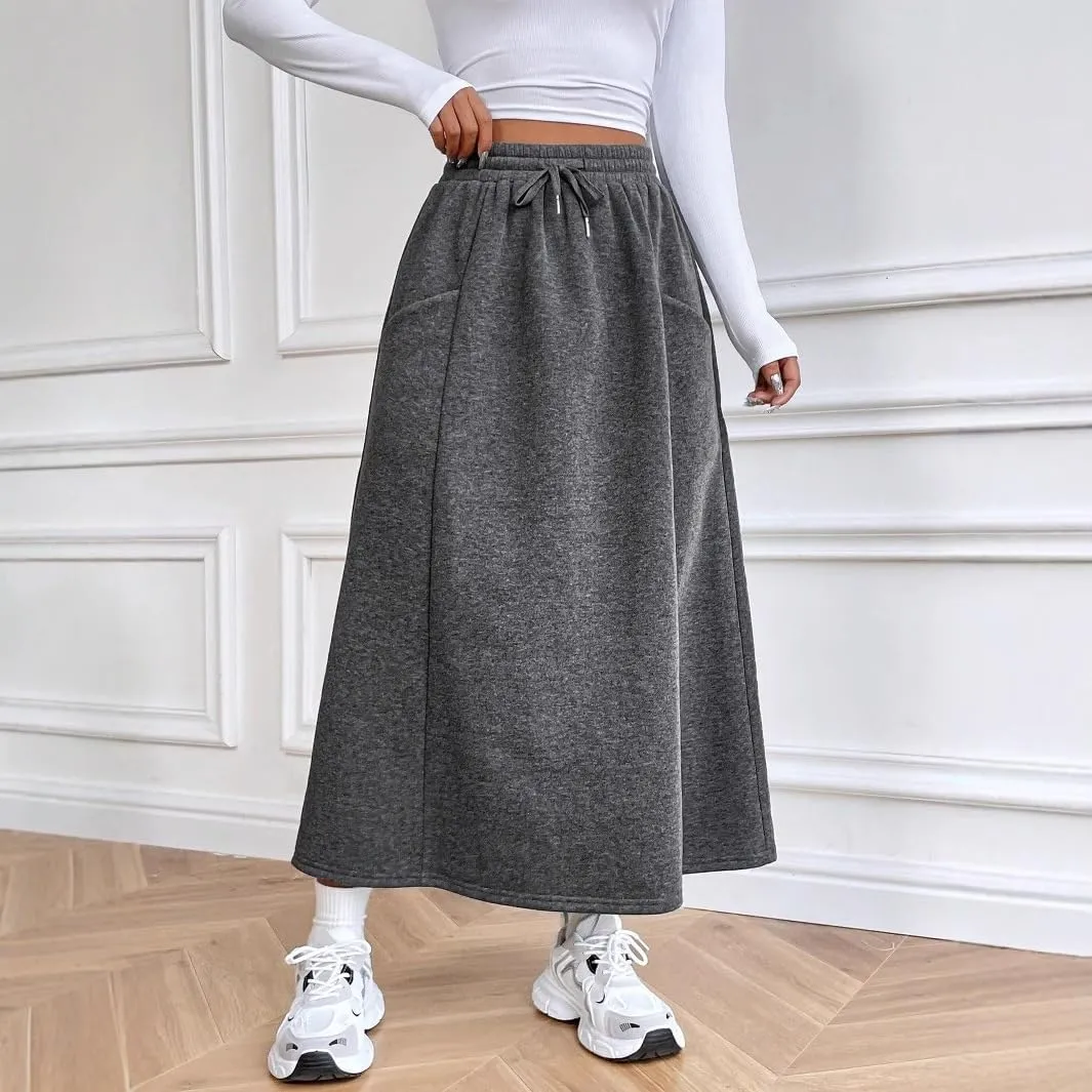 chouyatou Women's Elastic Drawstring High Waist Skirt Pleated A Line Midi Flared Skirt with Pockets