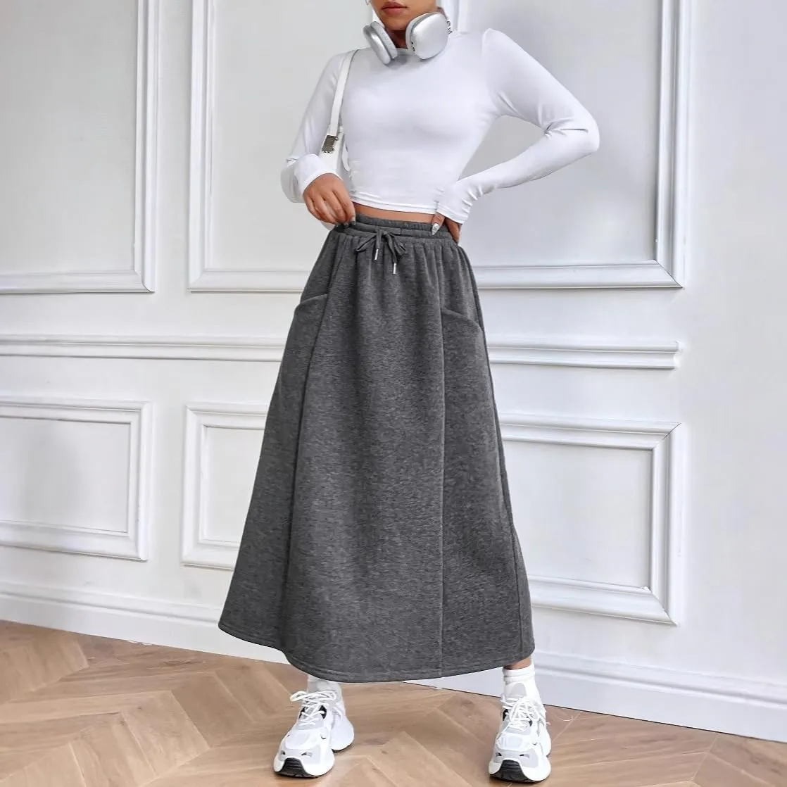 chouyatou Women's Elastic Drawstring High Waist Skirt Pleated A Line Midi Flared Skirt with Pockets