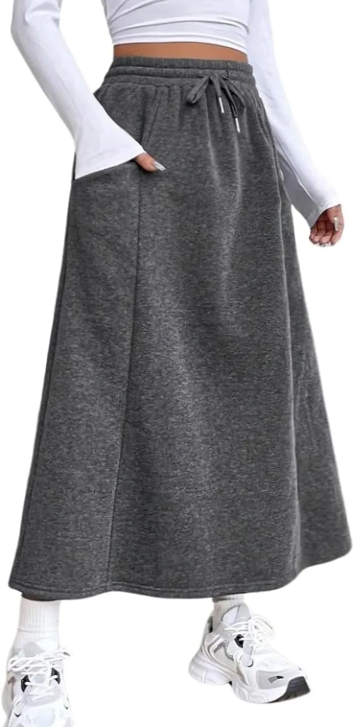 chouyatou Women's Elastic Drawstring High Waist Skirt Pleated A Line Midi Flared Skirt with Pockets