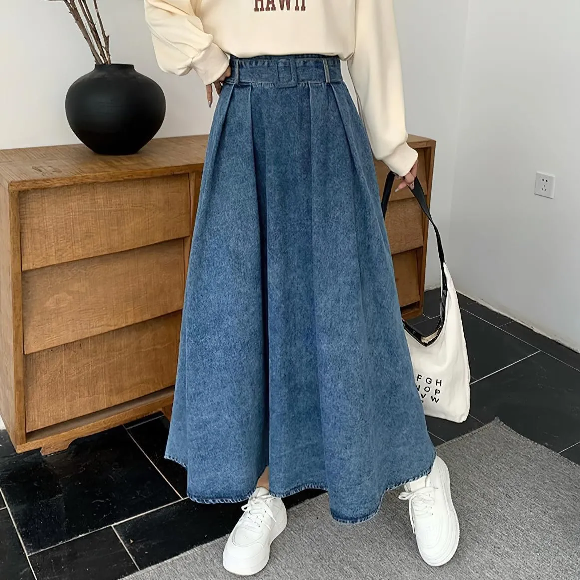 chouyatou Women's Ruffle Denim Skirt Elastic High Waist Pleated A Line Swing Maxi Long Jean Skirt with Belt