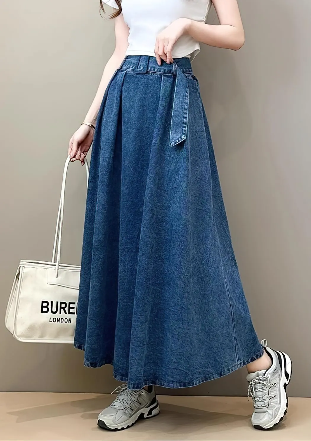chouyatou Women's Ruffle Denim Skirt Elastic High Waist Pleated A Line Swing Maxi Long Jean Skirt with Belt