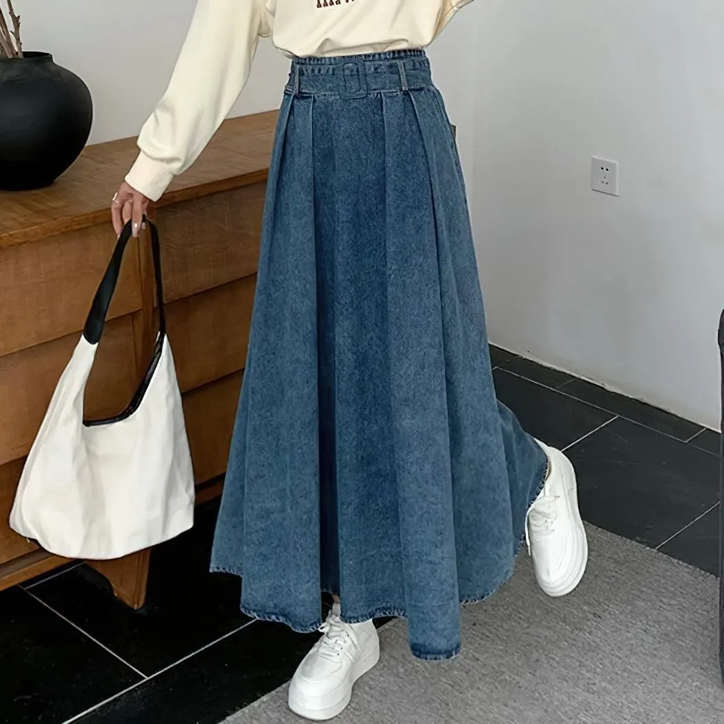 chouyatou Women's Ruffle Denim Skirt Elastic High Waist Pleated A Line Swing Maxi Long Jean Skirt with Belt