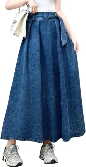 chouyatou Women's Ruffle Denim Skirt Elastic High Waist Pleated A Line Swing Maxi Long Jean Skirt with Belt