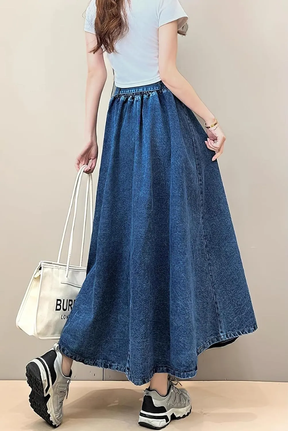 chouyatou Women's Ruffle Denim Skirt Elastic High Waist Pleated A Line Swing Maxi Long Jean Skirt with Belt